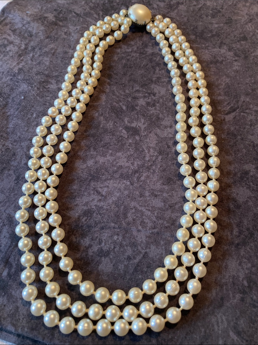 Gorgeous Vintage Classic Triple Strand Faux Ivory Pearl Necklace